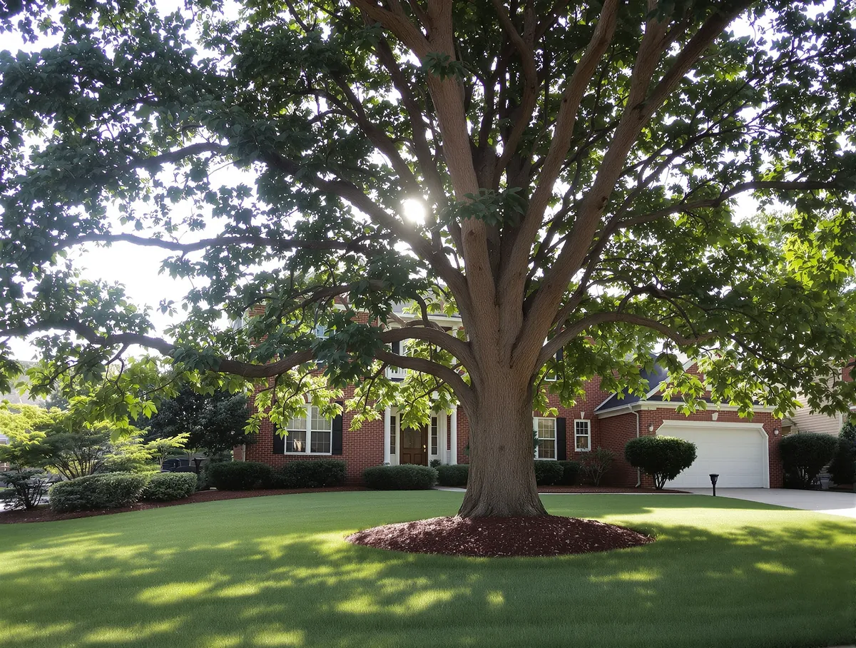 Large shade tree with a mulched base on the front lawn of a brick home