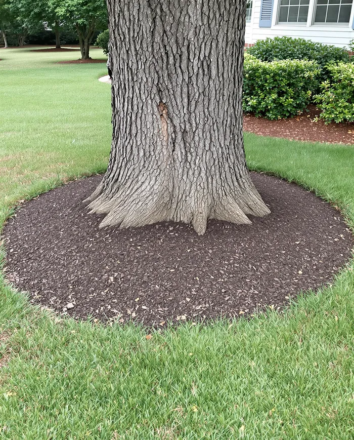 Base of a mature tree with a wide, flat mulch ring kept back from the bark
