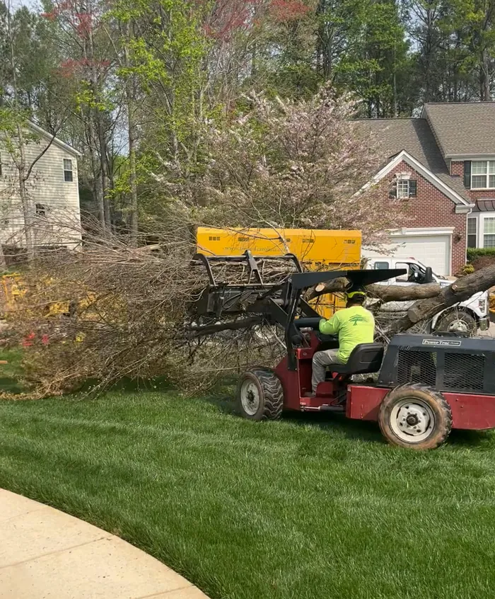 Red grapple loader carrying a load of brush across a front lawn toward a yellow chip truck
