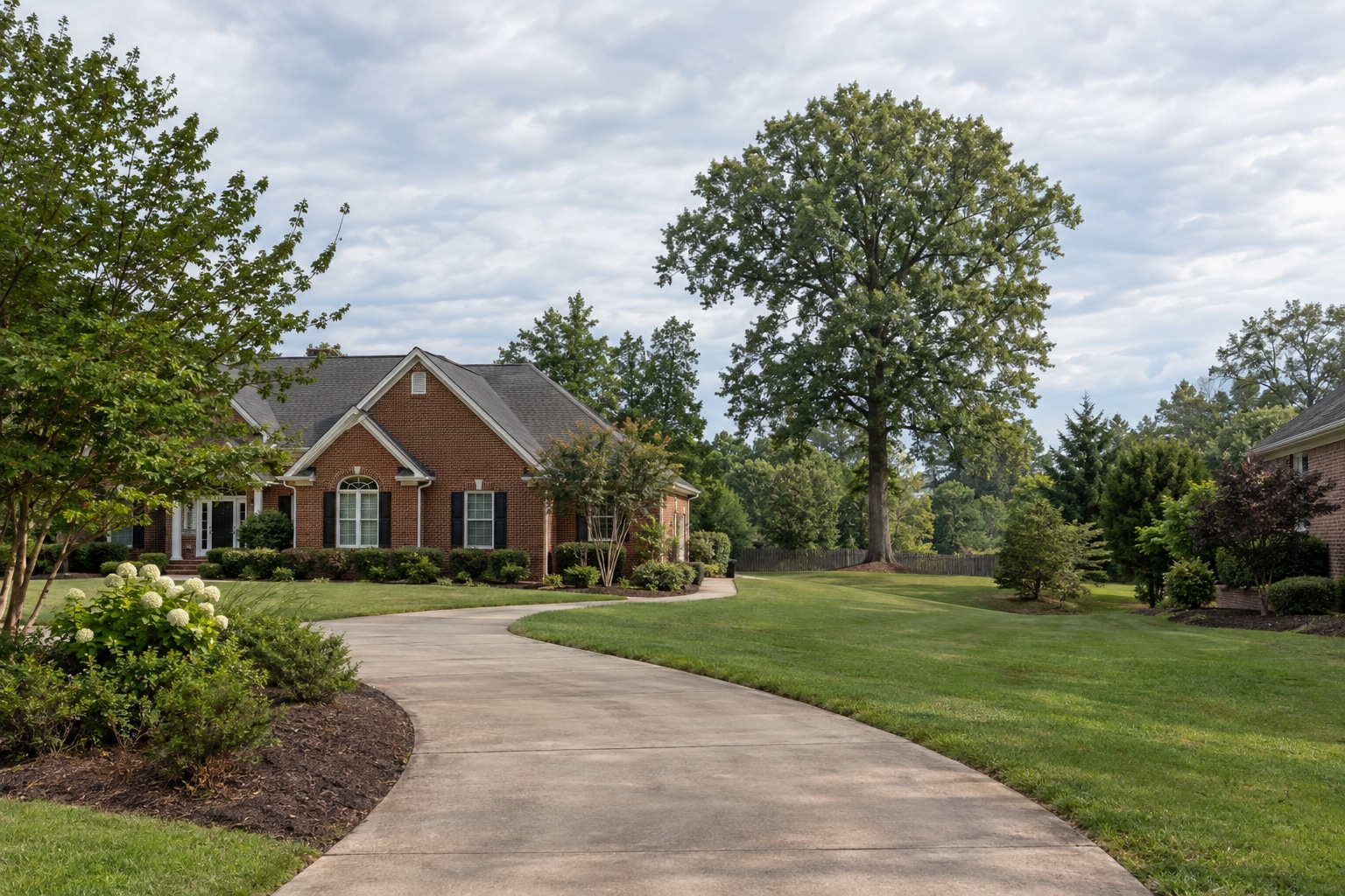 Mature tree beyond a house and curved driveway