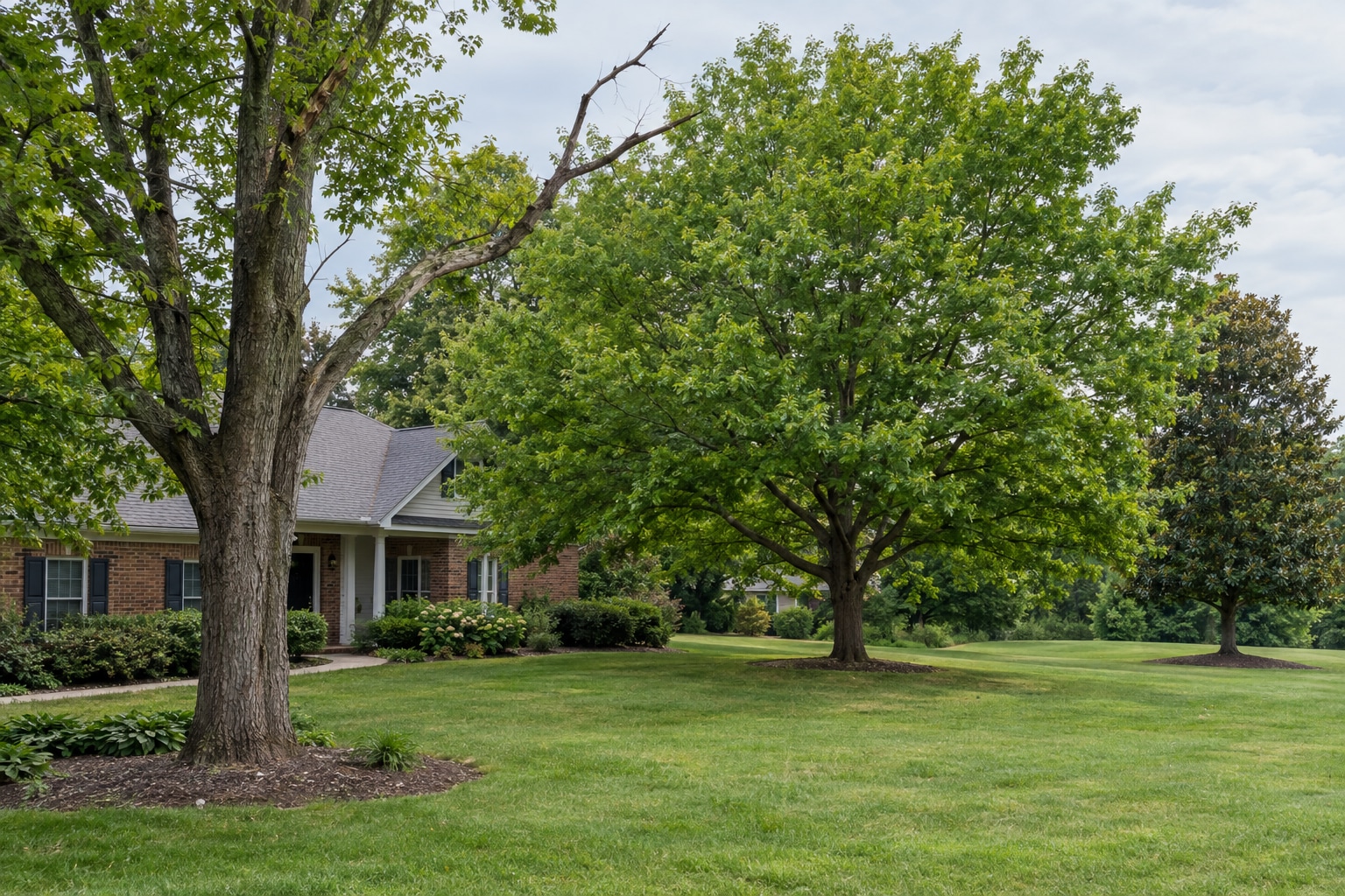 Three mature trees in a residential yard